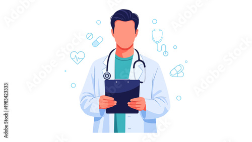 Medical Professional Ready for Duty: A focused medical professional stands ready with a clipboard in hand and a stethoscope around their neck.