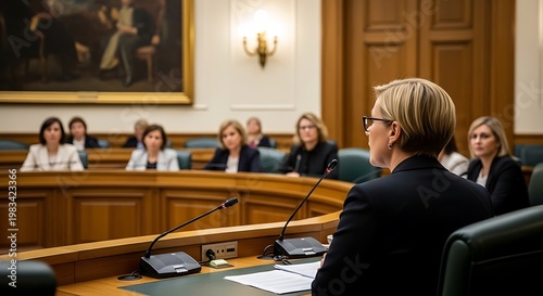 A woman addresses a panel of women in a wood-paneled room