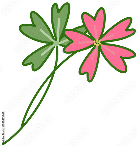 Green heart‑shaped four‑leaf clover with pink flowers illustration for good luck hobby and diary decoration
