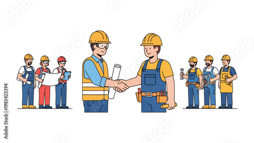 Building Partnership: Construction workers seal a deal with a firm handshake, symbolizing cooperation, partnership, and successful construction.