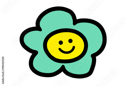 Hand drawn green flower with happy smiley face