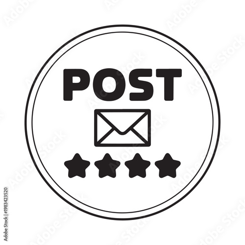 Black and white circular icon featuring post text envelope and stars