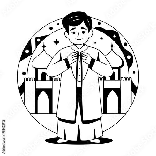A glyph style illustration showing a character wearing traditional clothes 