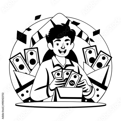 Glyph style illustration denoting a character counting money