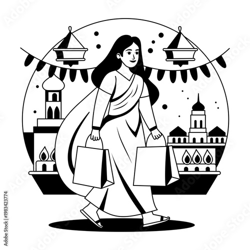 Glyph style illustration denoting a character doing diwali shopping