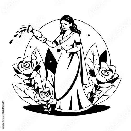 Glyph illustration showing a character spraying rose water