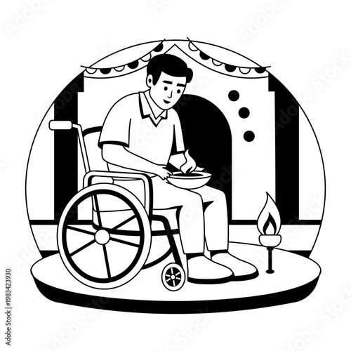 Glyph style illustration denoting a character lighting oil lamp