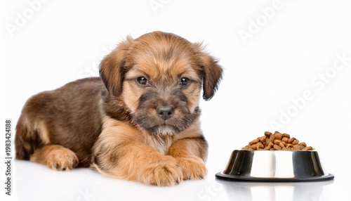 Puppy and food bowl