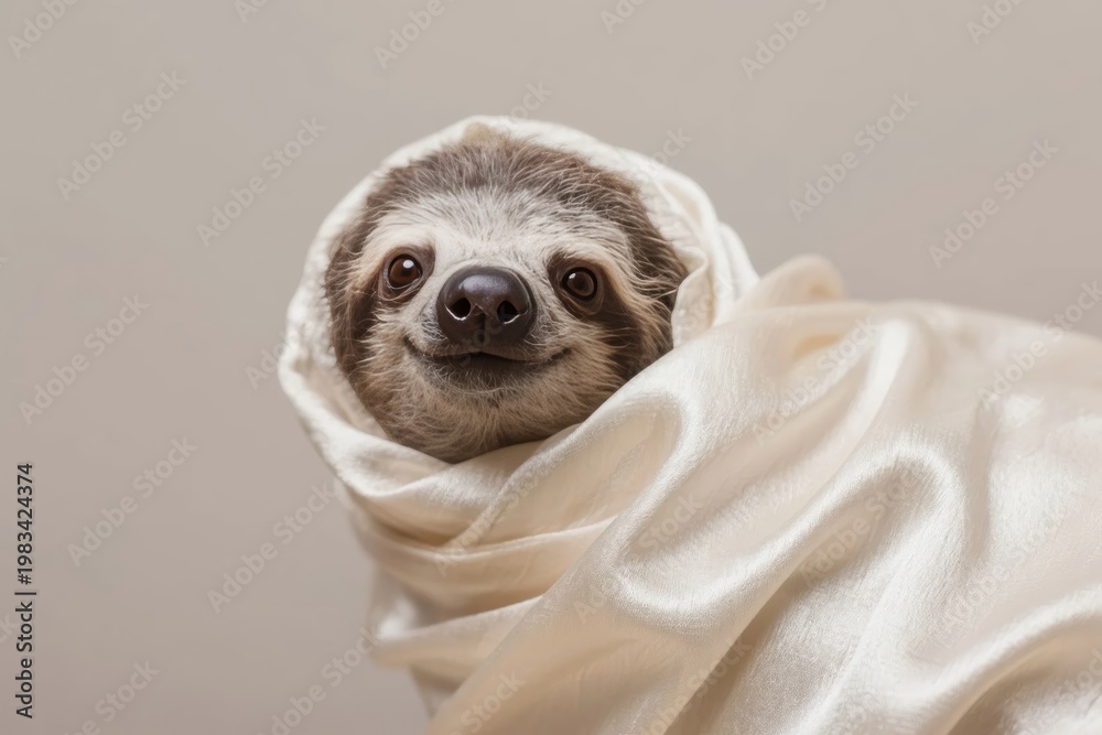 Fototapeta premium Sloth wrapped in a soft white cloth, peeking out with a calm expression