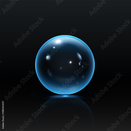 A transparent blue glass sphere with bright highlights and a soft glow on a black background.