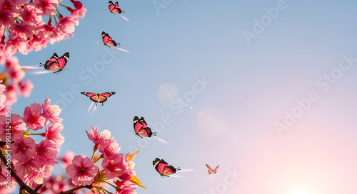 Beautiful cherry blossom branch with flying pink butterflies on clear blue sky.