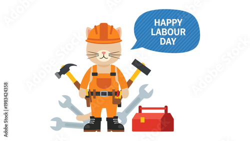 Labour Day Cat: A cute cat character, dressed as a construction worker, celebrates labour day with tools and a message, a playful nod to the hard work and dedication of the workforce.
