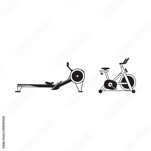 Line art depiction of a rowing machine and exercise bike in profile