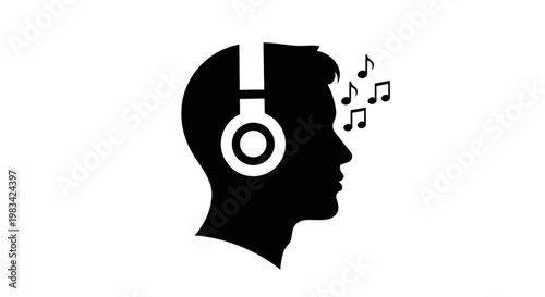 Black silhouette of a person wearing headphones with music notes.