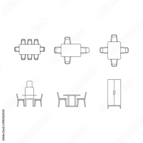 Overhead view of furniture arrangements tables chairs and a wardrobe