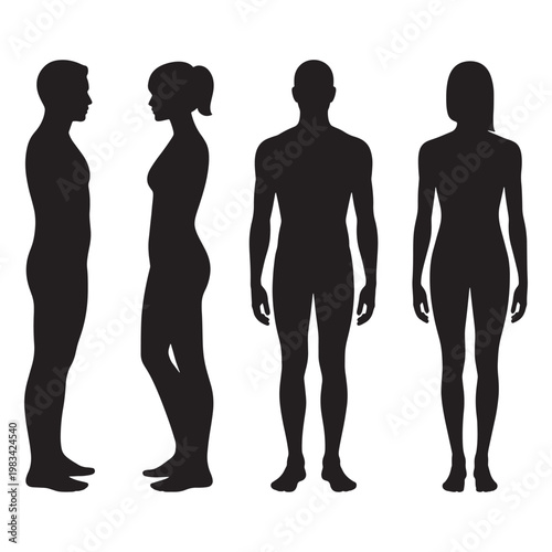 a png image featuring four black human silhouettes standing in various poses on a white background, two males and two females, all facing different directions