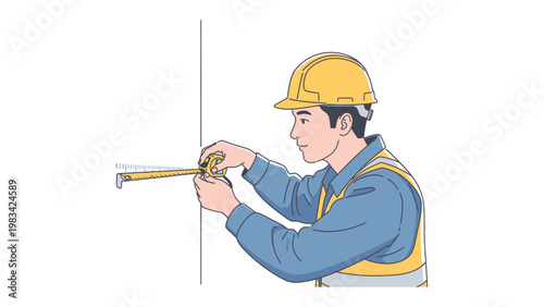 Precise Measurement: A construction worker, donned in a hard hat and safety vest, meticulously measures the wall's dimensions using a measuring tape, capturing detail and precision.