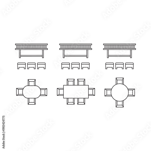 Architectural floor plans depicting various table and seating arrangements