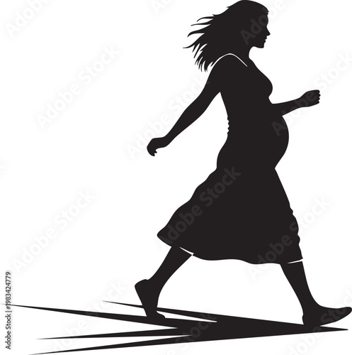 Silhouette of pregnant woman in black activewear running at dusk jogging