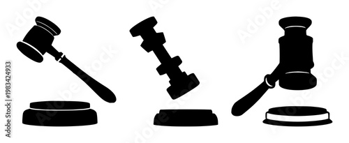Legal gavel icon set with solid black symbol featuring justice, law, judgment with authority and court