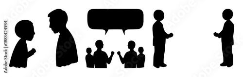 Public relations speech set with solid black icon with white background featuring speech, communication, PR with iconography and design