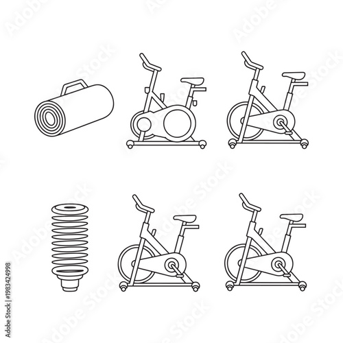 Line art illustration of exercise equipment yoga mat dumbbells and bikes