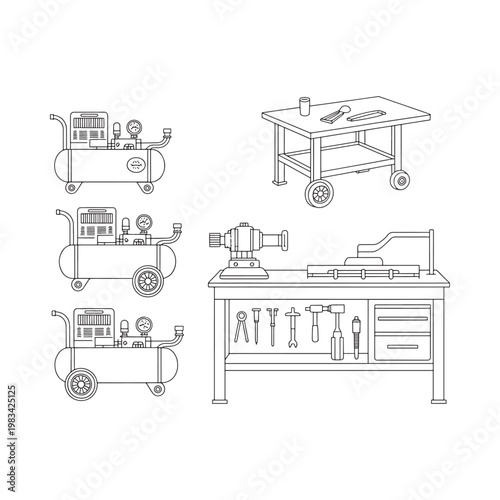 Line art illustration of workshop tools including air compressors and workbenches