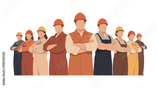 Team of Builders: A strong team of construction workers stands together confidently, symbolizing unity, hard work and dedication.