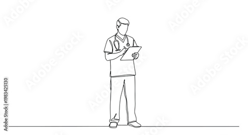 Photos Continuous line drawing of a medical professional with stethoscope and clipboard