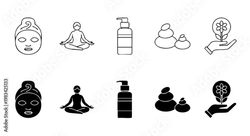Wellness Icon Set Spa Relaxation Skincare Massage Self Care Outline and Filled Silhouette Minimal Vector Icons