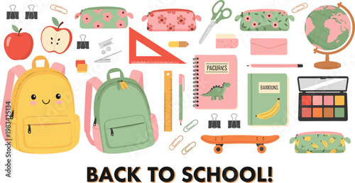 Back to School Illustration with School Supplies, Backpacks, Stationery, and Classroom Essentials"