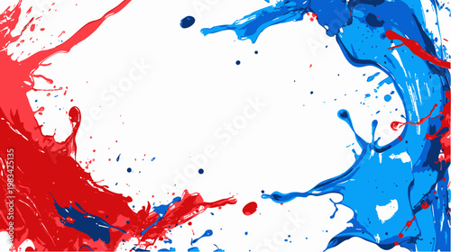 赤と青のペンキしぶきが広がるポップな抽象フレーム背景素材