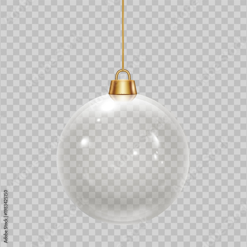 A realistic empty transparent glass Christmas tree ball with a gold clasp and string.