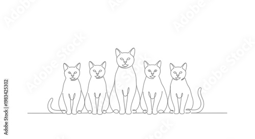 Five domestic cats sitting in a row, continuous line art drawing style, pets