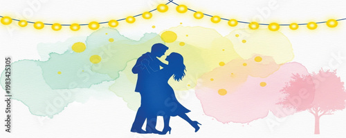 Romantic Couple Dancing Silhouette with String Lights and Watercolor Background Representing Love, Relationship, Wedding Celebration, Valentine Theme, and Emotional Connection Design