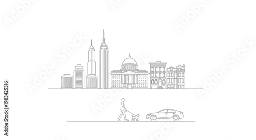 City skyline, person walking dog, car, continuous line urban scene drawing