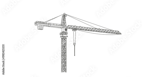 Continuous single line art drawing of a large industrial construction tower crane