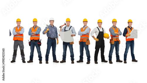 Tableau sur toile Construction Crew in Formation: A team of skilled construction workers, adorned in their protective gear and helmets, stands in a row