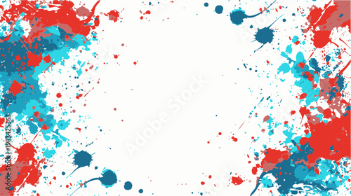 赤と青のペンキしぶきが広がるポップな抽象フレーム背景素材