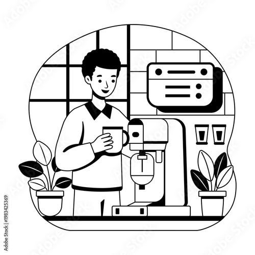 Glyph style illustration showing a person using coffee maker