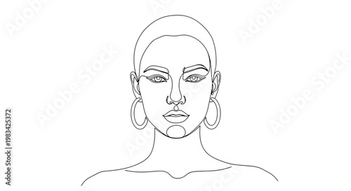 Confident woman face one line drawing with hoop earrings. modern minimalist art