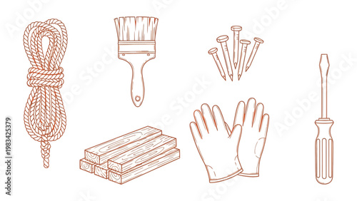 Construction Essentials: A meticulously crafted collection of construction tools, arranged in an organized fashion, hinting at the tools needed for building and craftsmanship