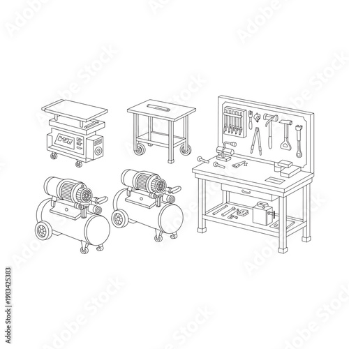 Isometric illustration of workshop tools including tables compressors and organizers