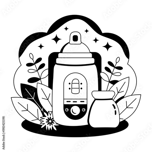 A glyph style illustration showing a milk warmer