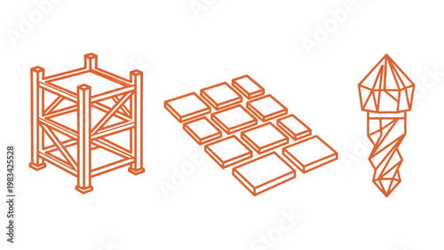 Abstract Construction Set: A stylized representation of construction elements, featuring a modular framework, a cluster of square building blocks, and a detailed spire-shaped structure.