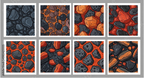 Collection of seamless textures depicting volcanic rocks and glowing magma, perfect for game development and graphic design