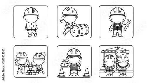 Construction Crew: A series of cute illustrated construction workers in various poses, ready for action! A visual celebration of the construction industry.