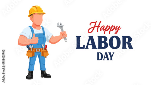 Labor Day Celebration: A graphic design celebrates Labor Day, depicting a construction worker in overalls, complete with a tool belt and wrench.