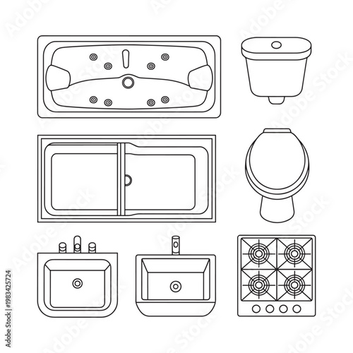 Diagram of bathroom and kitchen fixtures in a linear style