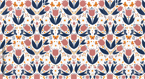Bilde på lerret Seamless floral pattern with tulips and butterflies folk art inspired design for